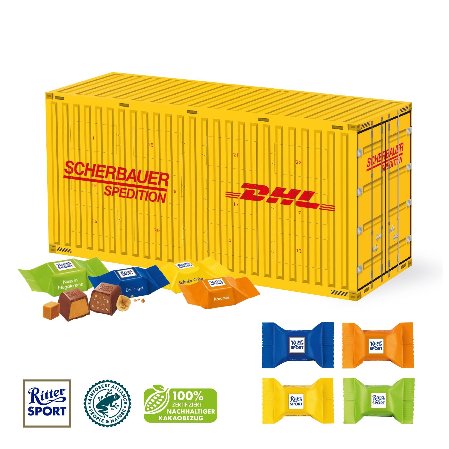 CD95154-023D Adventskalender _Container_ mit Ritter SPORT Schokowuerfel_ Individuelles Motiv
