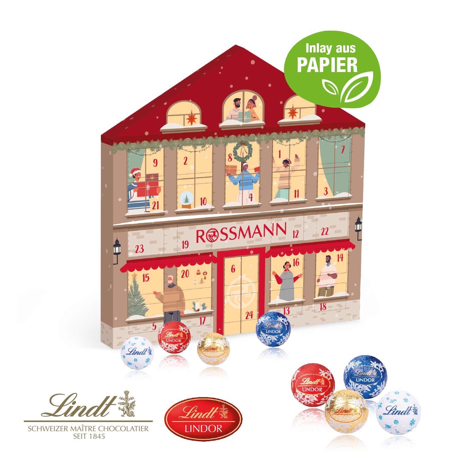 CD55332-01Adventskalender Weihnachtshaus _Exklusiv_ mit Lindt Minis_ Inlay aus Papier_ Motiv-Vorlage