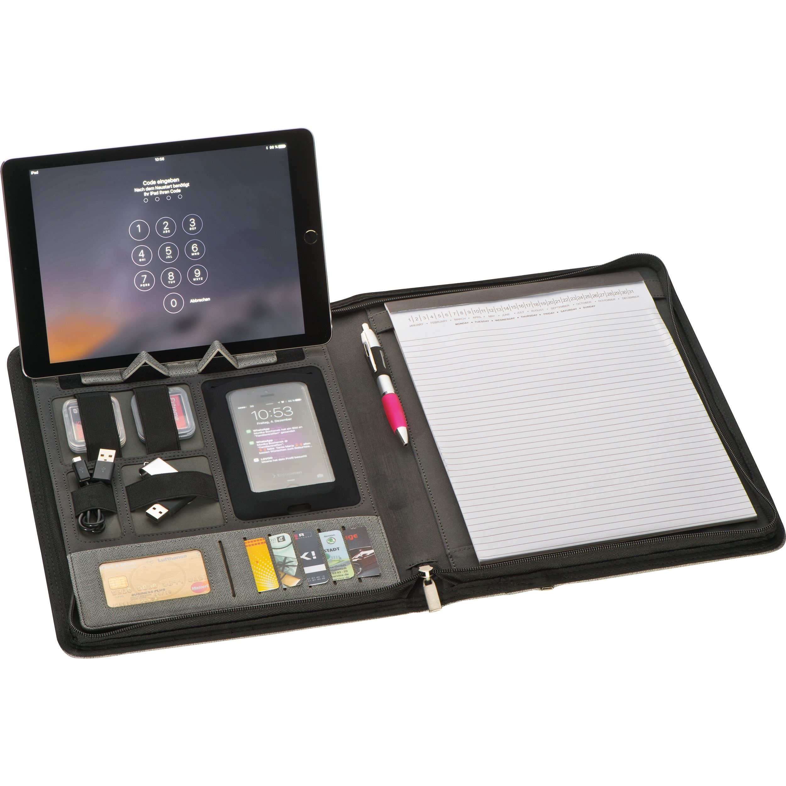 MA20123-07A4 Schreibmappe aus Kunstleder mit integrierter Powerbank_ silbergrau