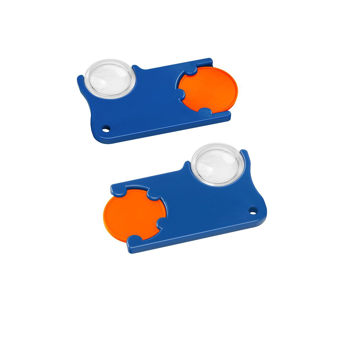 Chiphalter mit 1€-Chip und Lupe, orange, blau