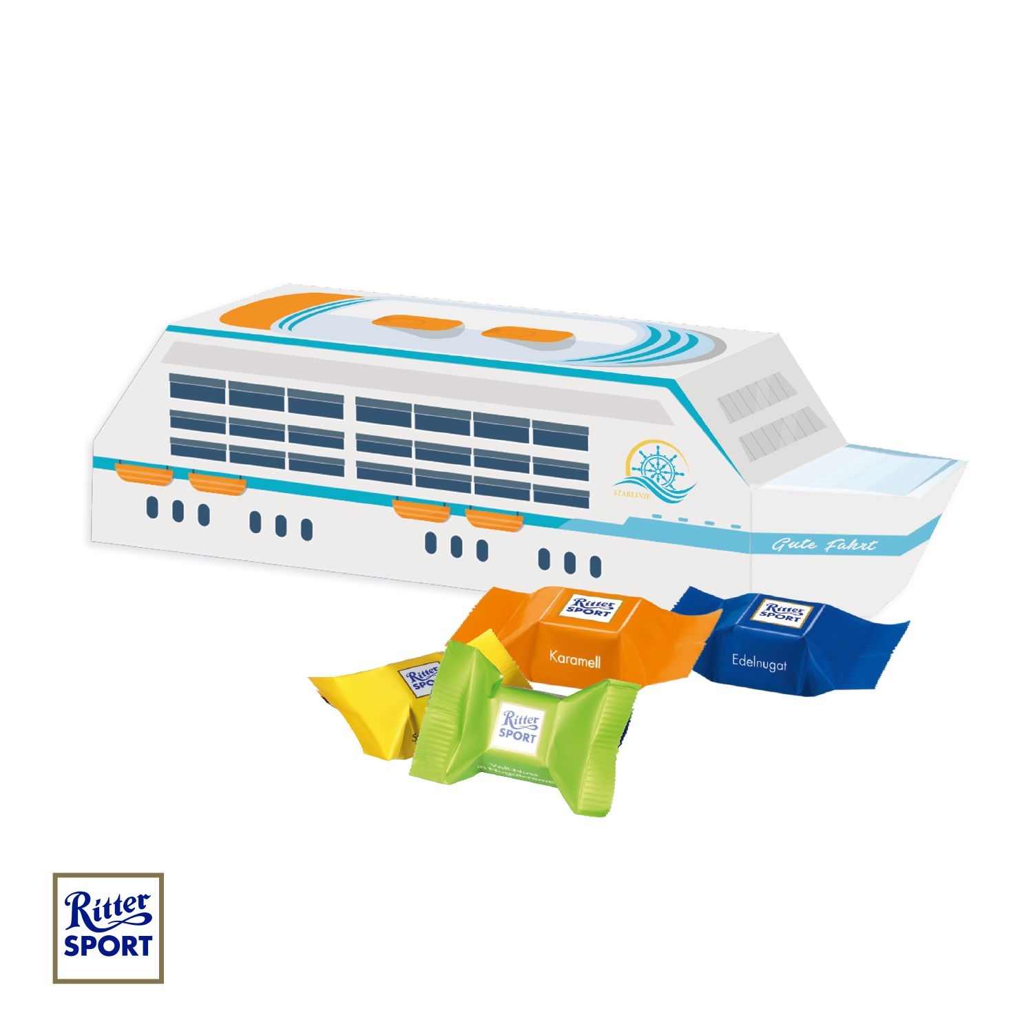 CD917293D Praesent Schiff mit Ritter SPORT Schokowuerfel