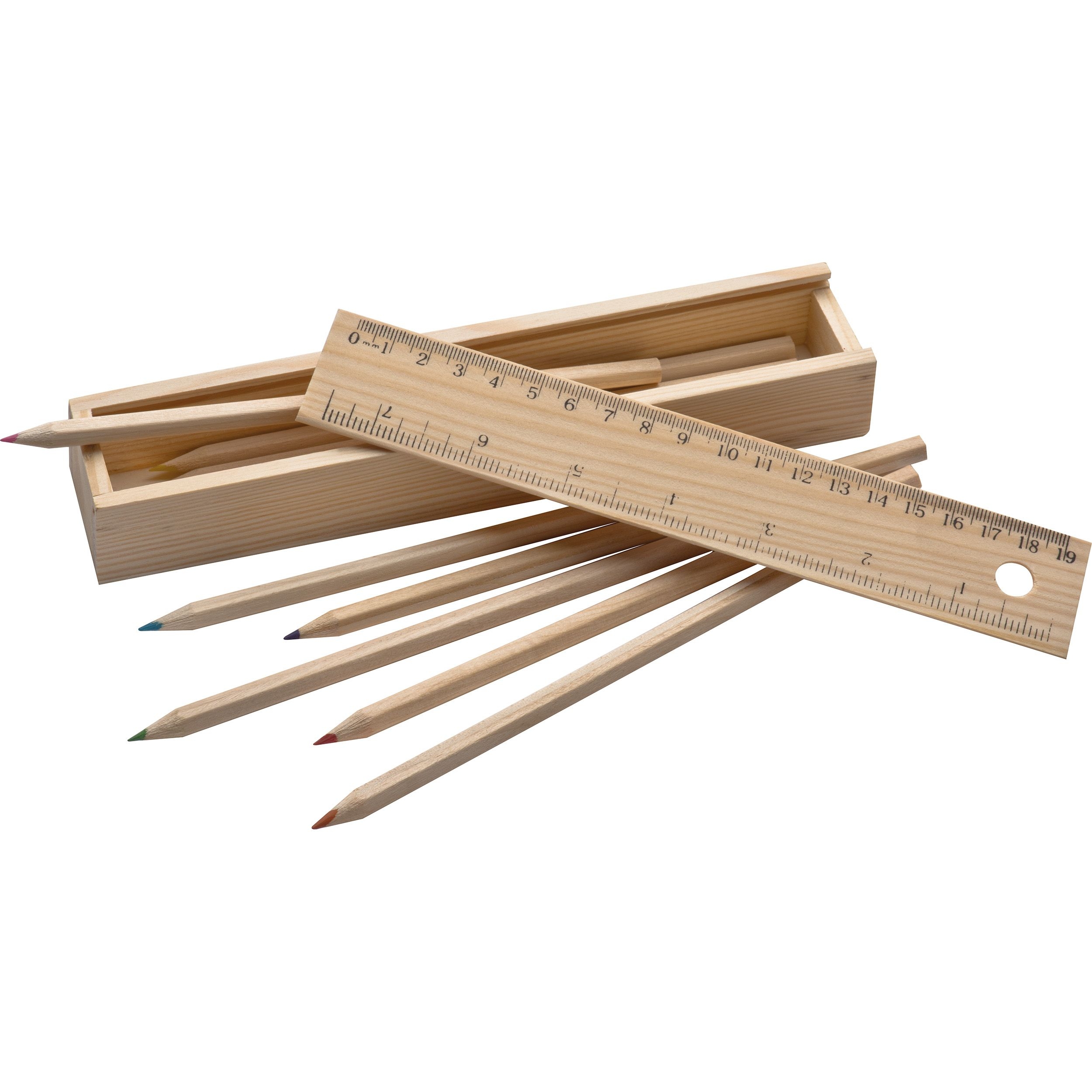 MA53944-01Holzbox mit 8 Buntstiften und Lineal_ braun