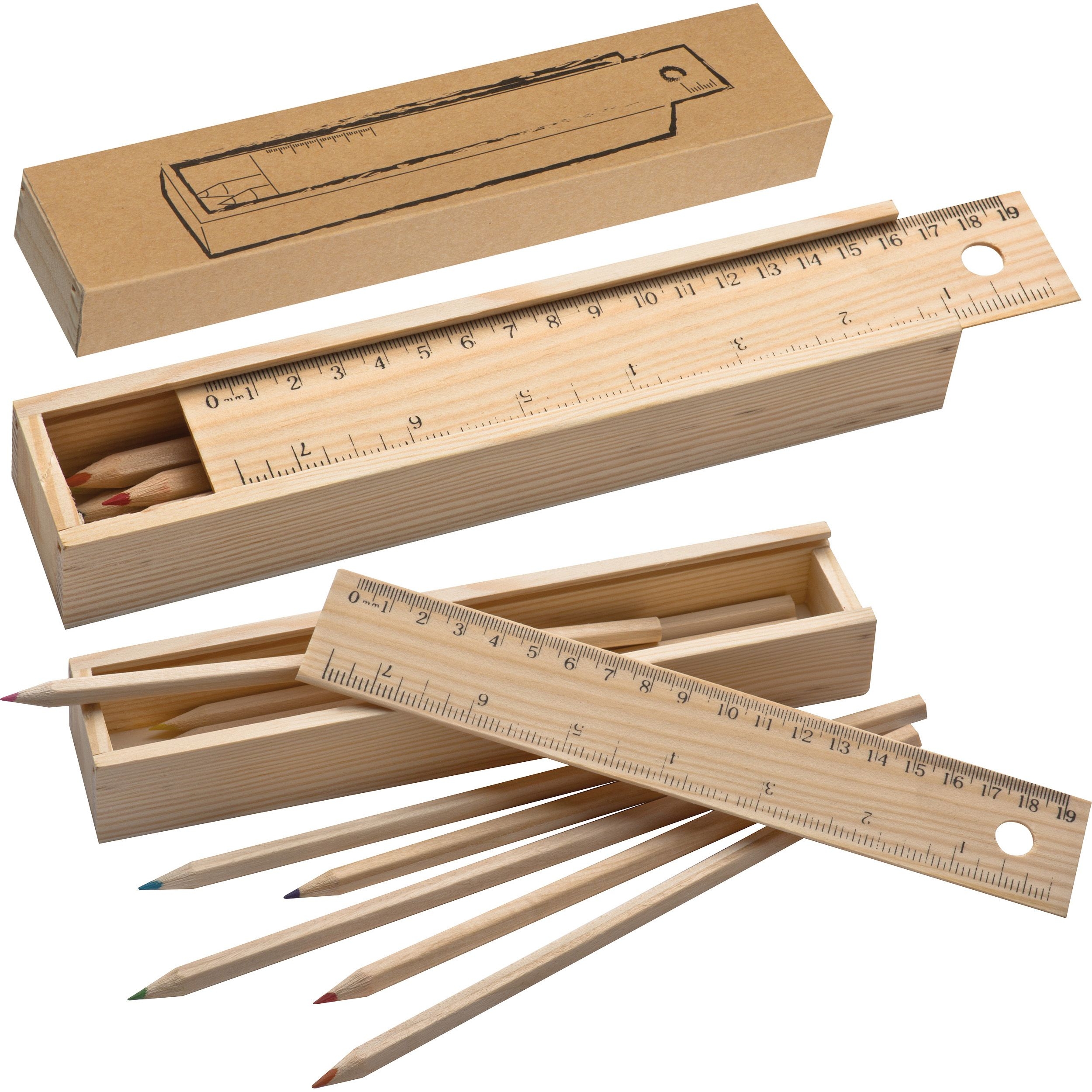 MA53944Holzbox mit 8 Buntstiften und Lineal