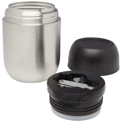 PF113421-2Supo 480 ml doppelwandiger Lunchpot aus recyceltem Edelstahl mit faltbarem Loeffel_ silber