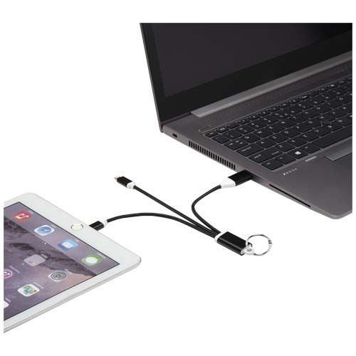 PF124382-4Metal 4-in-1 Ladekabel aus recyceltem Aluminium mit Schluesselanhaenger_ schwarz