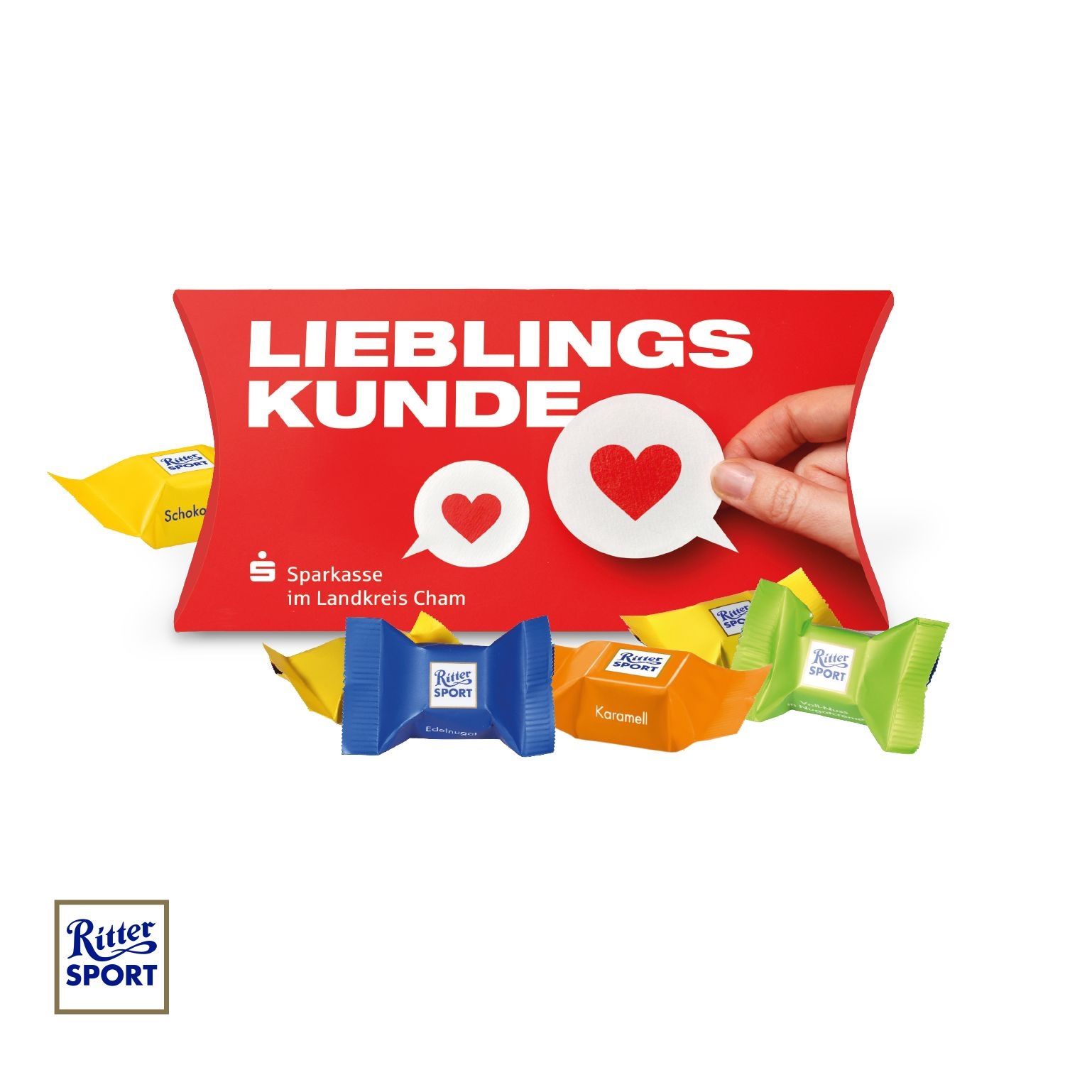 CD91195Kissenverpackung Creative mit Ritter SPORT Schokowuerfel