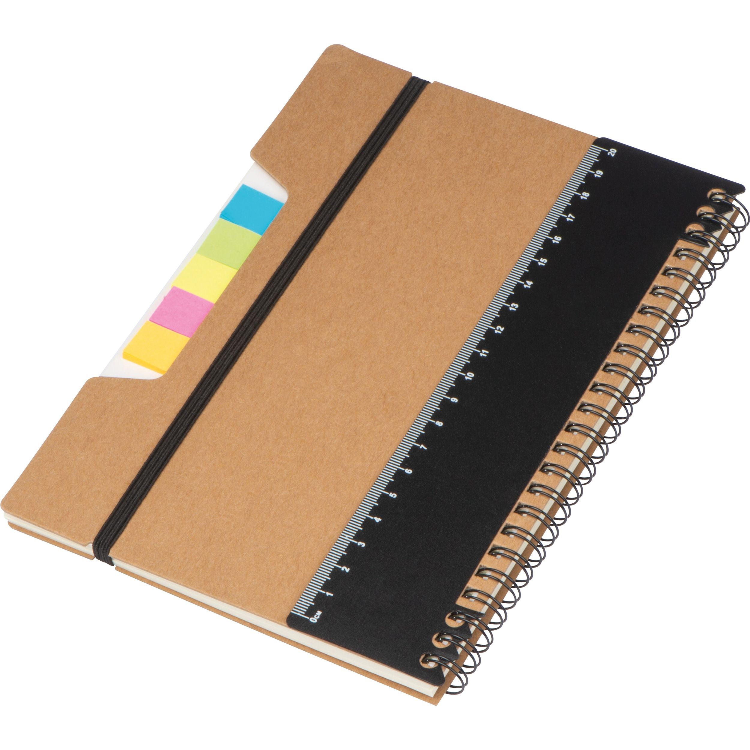 MA22387-01Notizbuch mit Haftnotizen_ Ringbuch_ Lineal und Gummiband zum Verschliessen_ braun