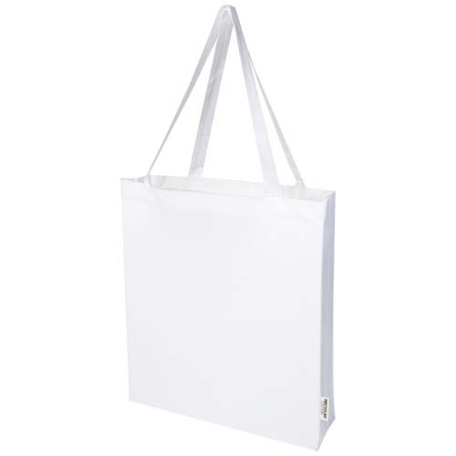 PF120733Madras 140 g_m² Baumwoll Tragetasche mit Seitenfalten aus GRS recycelter Baumwolle