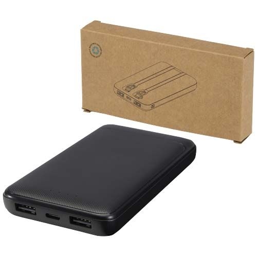 PF124459-2Adhil 10 W 10.000 mAh Powerbank aus recyceltem Kunststoff mit 2 integrierten Kabeln_ schwarz