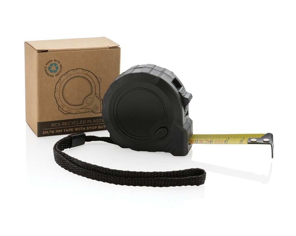 XDP112_12-13m_16mm Massband mit Stop-Taste aus RCS recycelt. Kunststoff_ schwarz