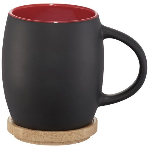 PF100466-3Hearth 400 ml Keramiktasse mit Holz Untersetzer_ schwarz_rot