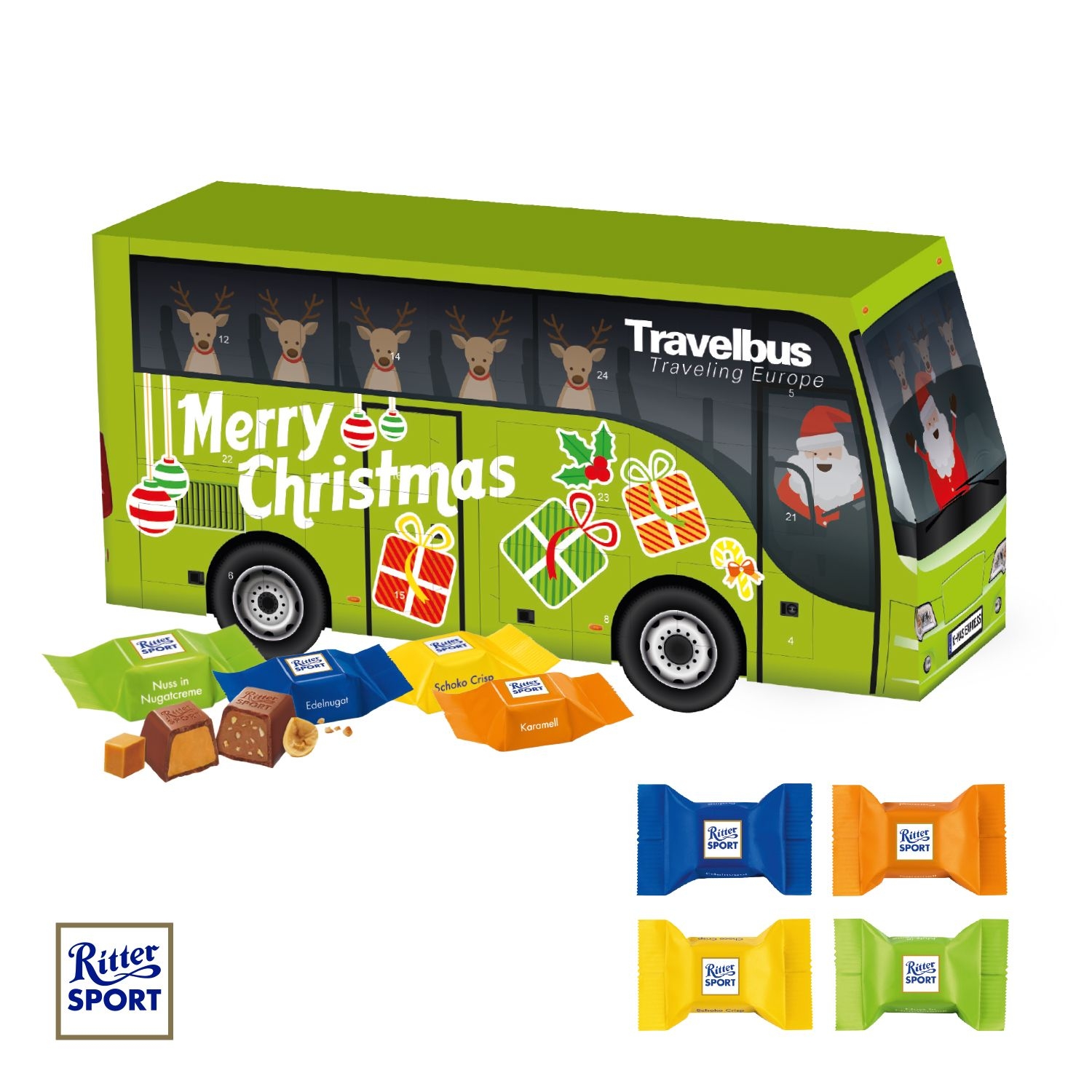 CD95155-023D Adventskalender Bus mit Ritter SPORT Schokowuerfel_ Individuelles Motiv