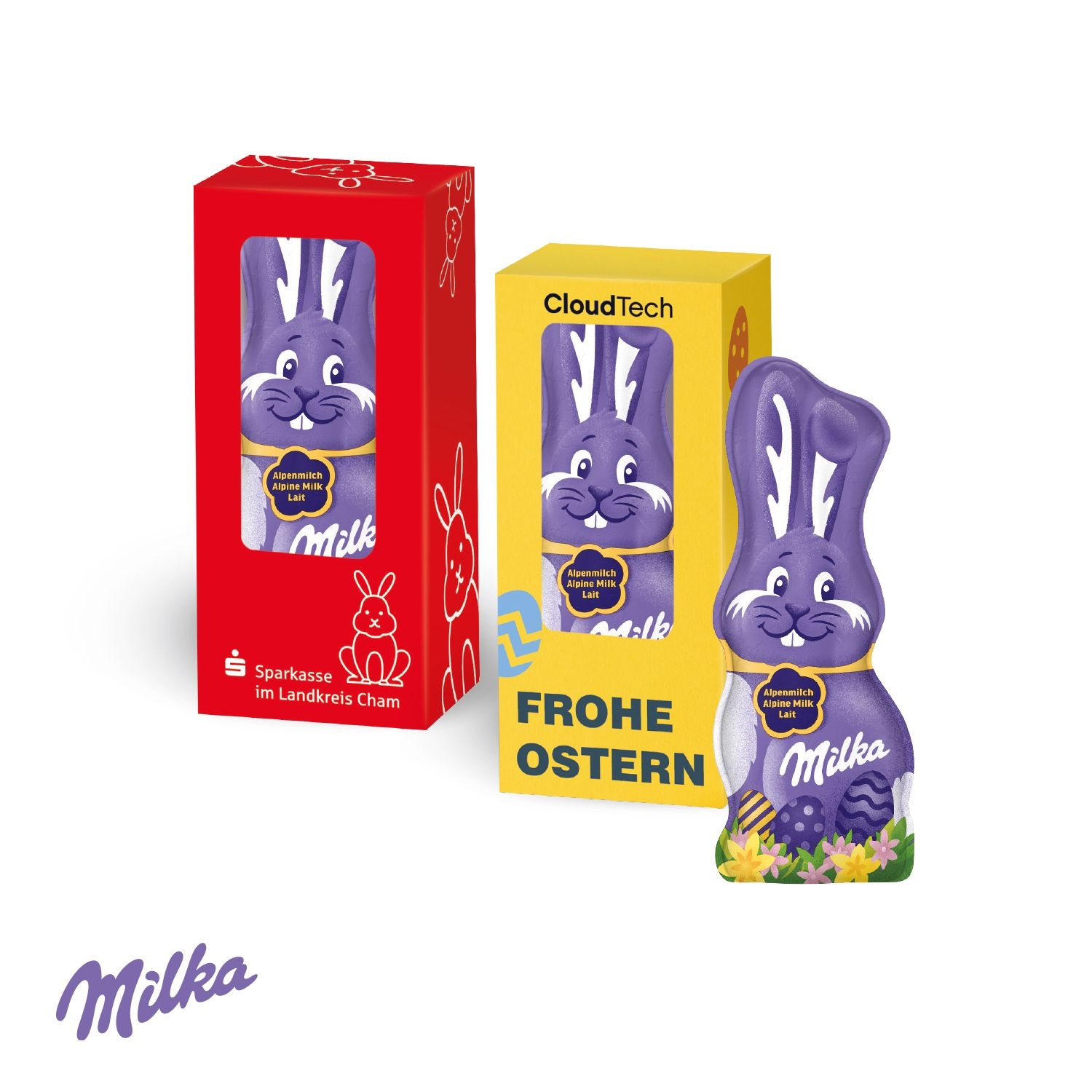 CD94577-01Milka Schmunzelhase in der Werbebox_ 15 g_ Milka Schmunzelhase