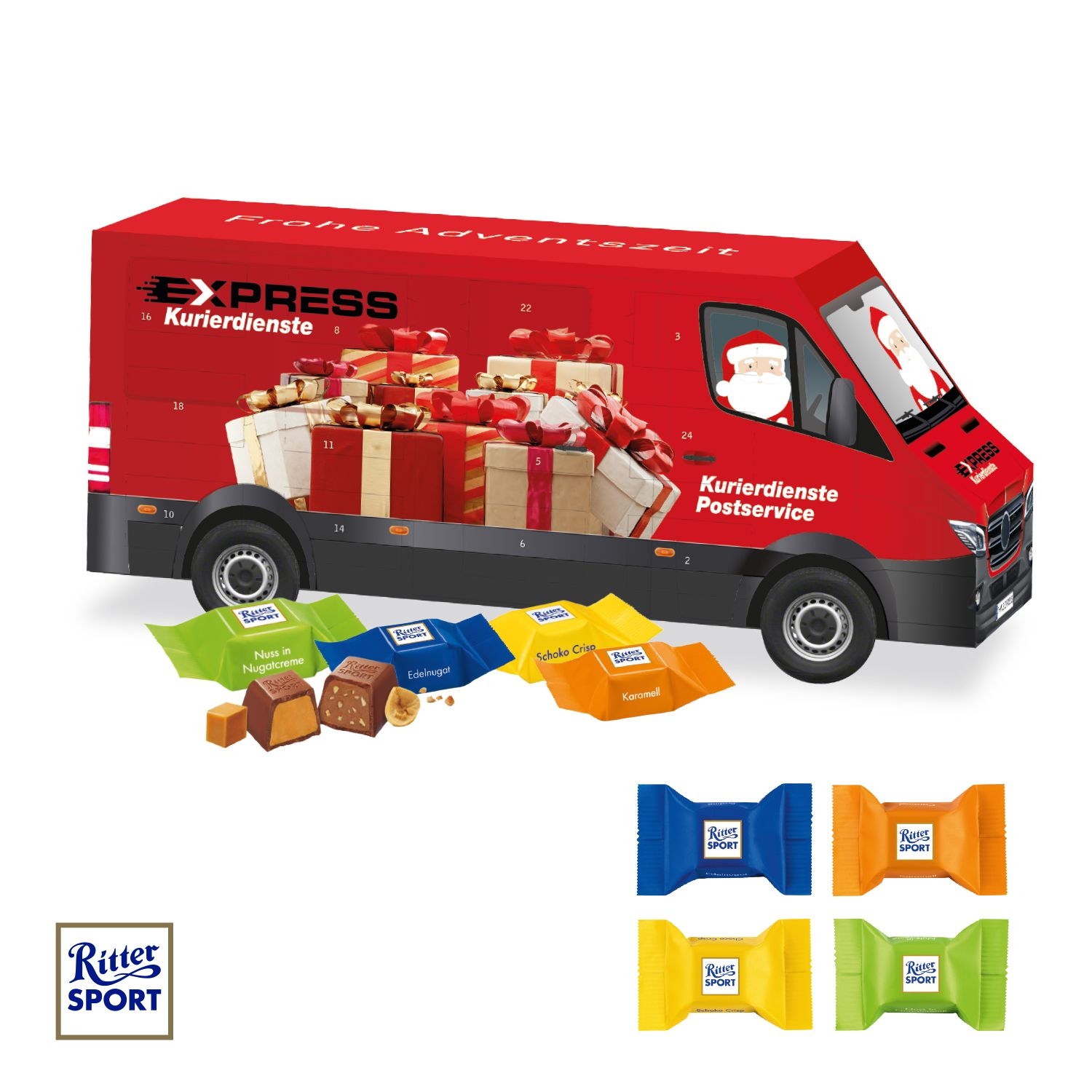 CD95153-013D Adventskalender Transporter mit Ritter SPORT Schokowuerfel_ Motiv-Vorlage