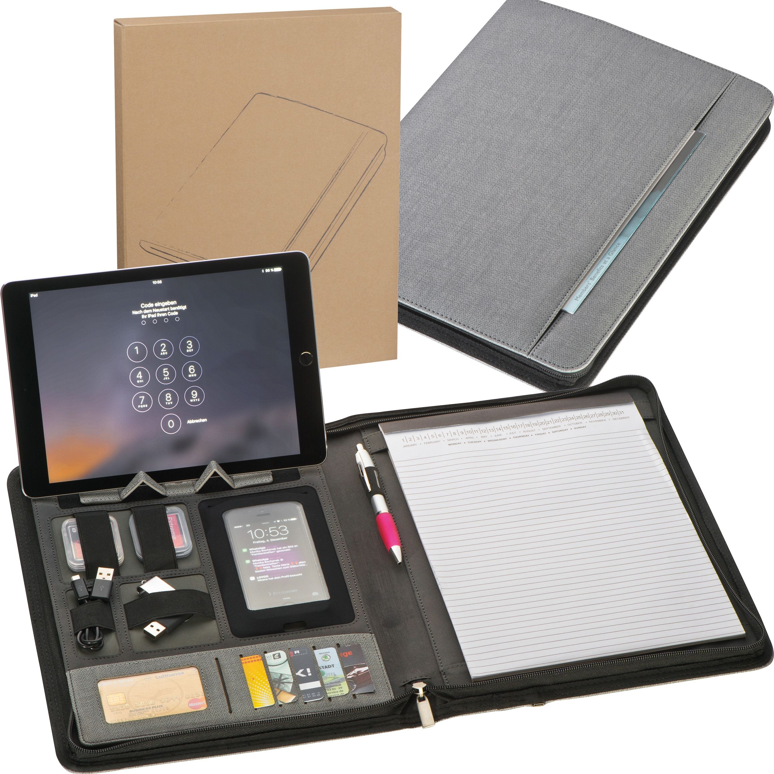 MA20123-07A4 Schreibmappe aus Kunstleder mit integrierter Powerbank_ silbergrau