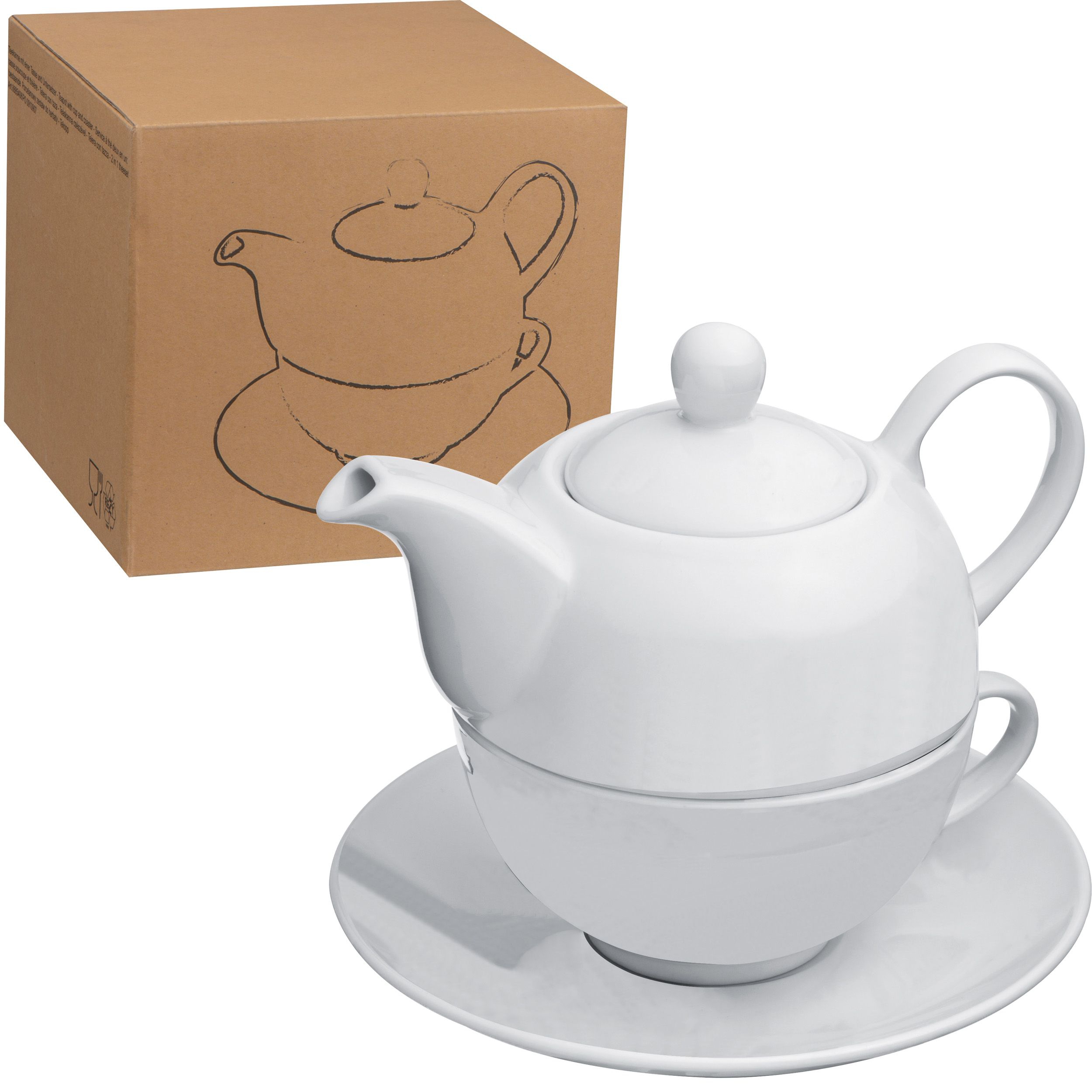 Teekanne mit Tasse und Untersetzer aus Porzellan, weiß