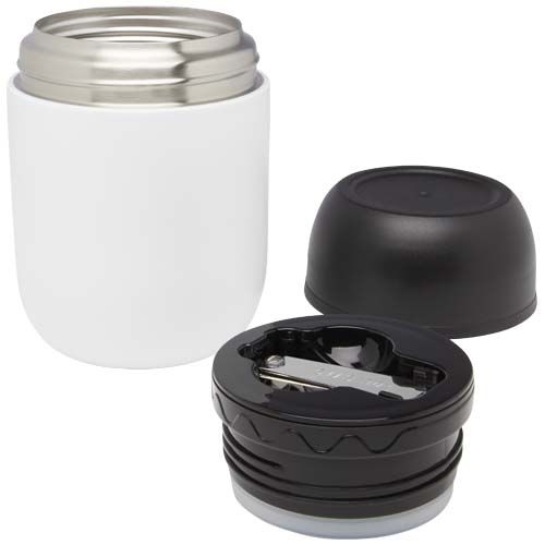 PF113421-1Supo 480 ml doppelwandiger Lunchpot aus recyceltem Edelstahl mit faltbarem Loeffel_ weiss