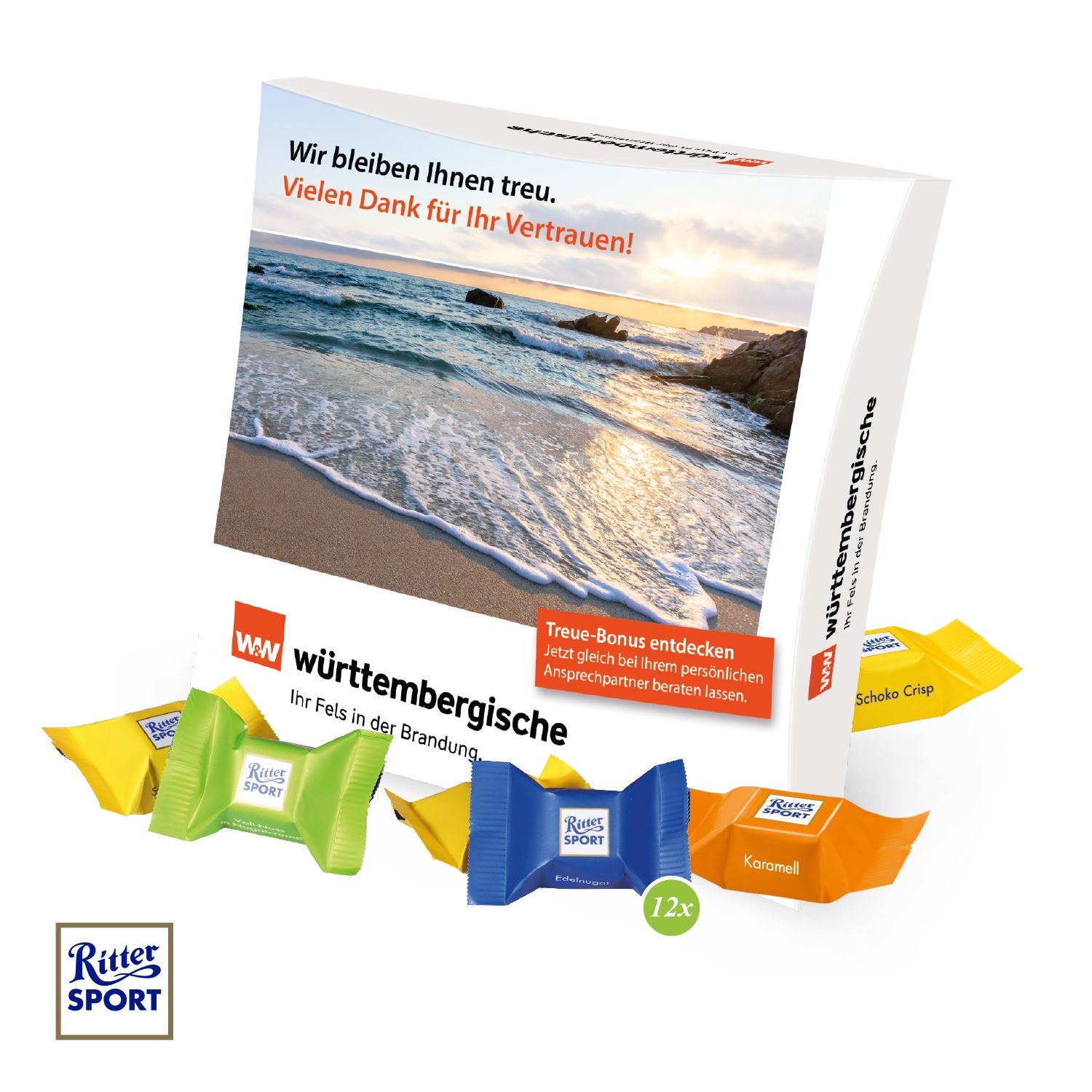 CD91607-01Praesentbox mit Ritter SPORT Schokowuerfel_ Ritter Sport Schokowuerfel