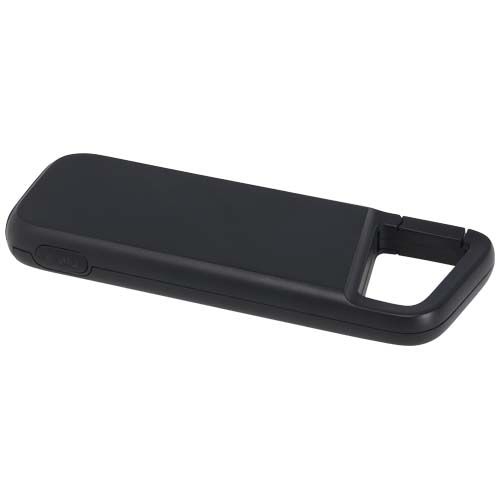 PF124470-2Alkes 12 W 5.000 mAh wasserfeste Powerbank aus recyceltem Kunststoff mit Karabinerhaken_ schwarz