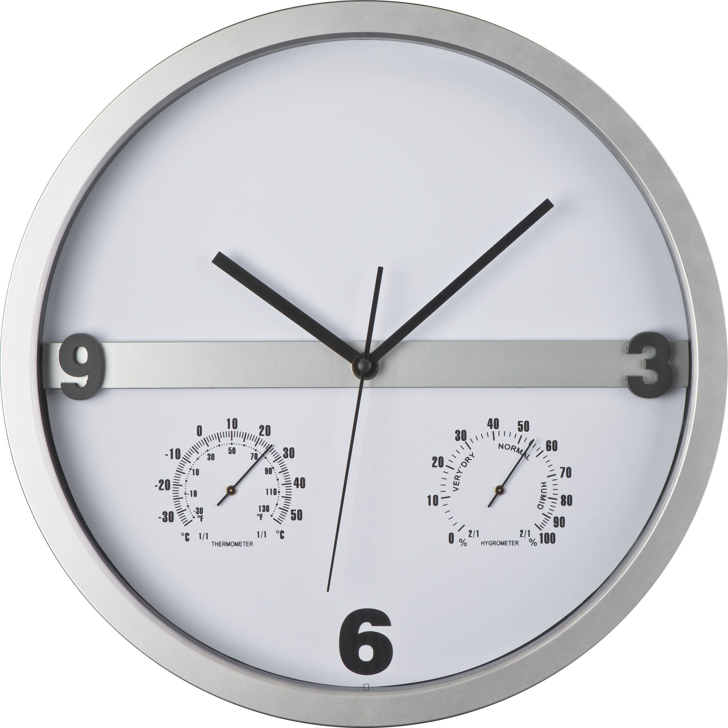 MA43449-07Wanduhr mit Hygro - und Thermometer_ halbes Display bedruckbar ERICH_ silbergrau
