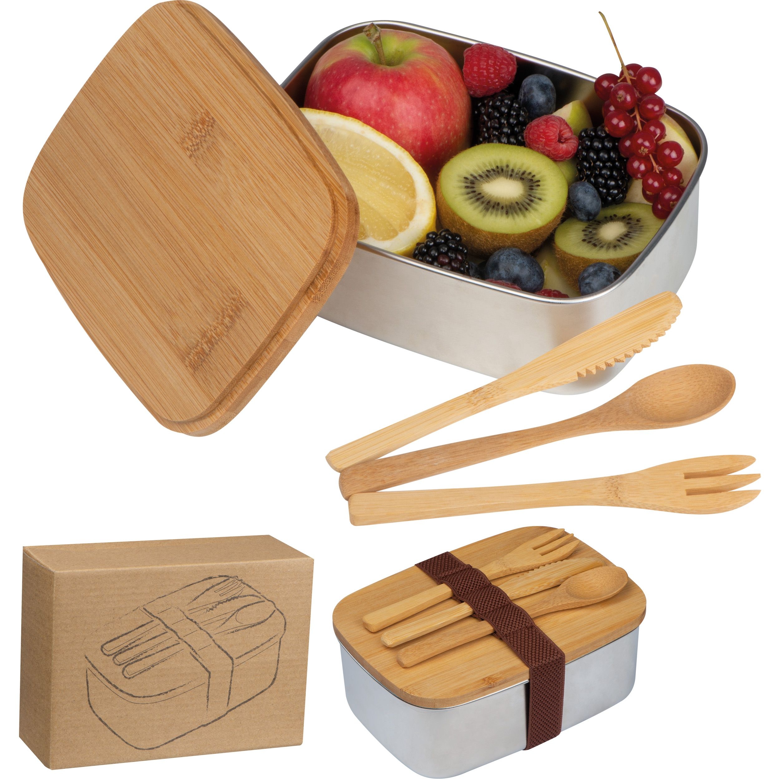 MA82313Grosse Brotzeitbox mit Bambusdeckel und elastischem Band