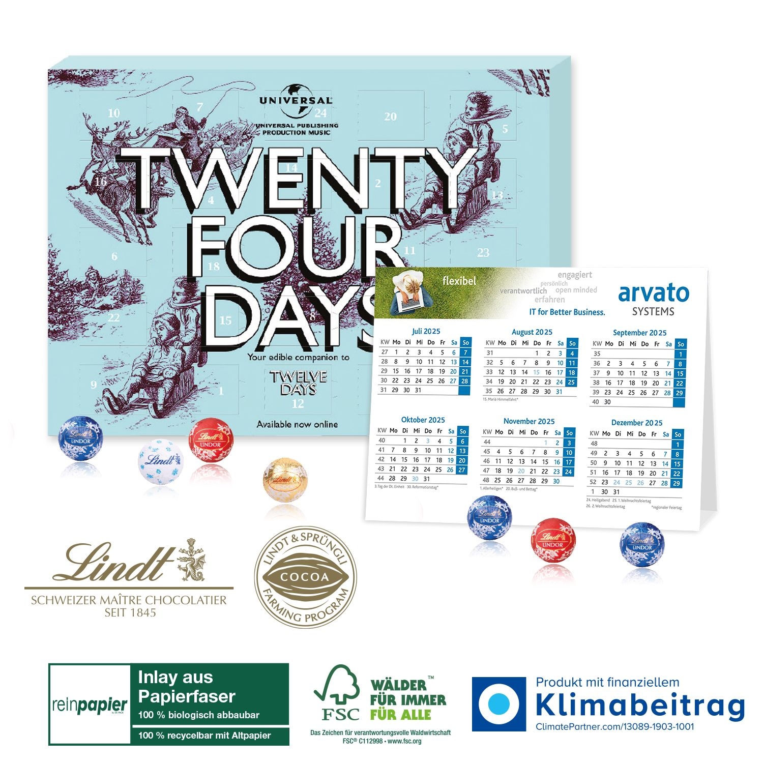 CD55367-02„2 in 1“ Adventskalender Lindt Minis mit Jahresplaner_ Inlay aus Papierfaser_ Individuelles Motiv