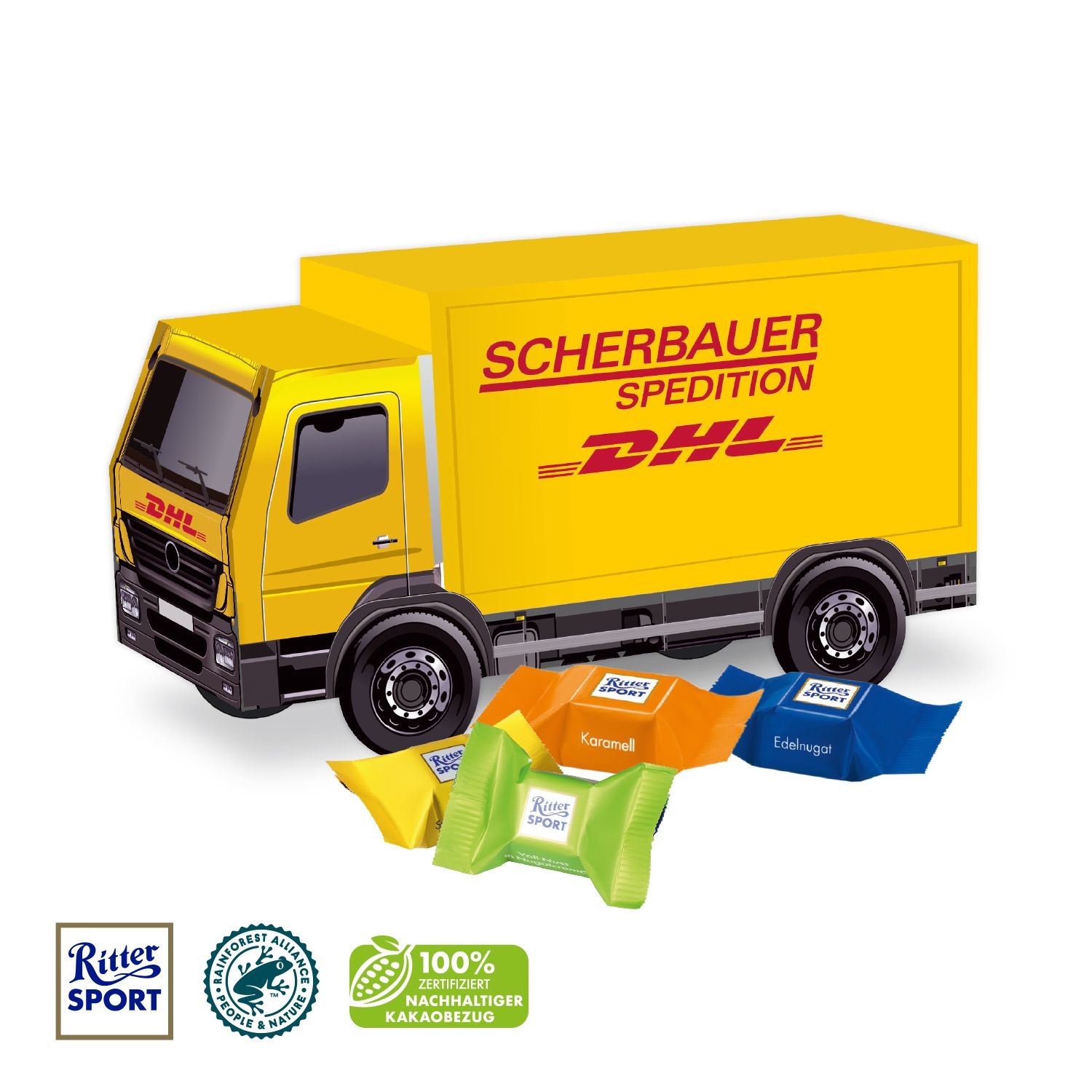 CD91674-013D Praesent _LKW_ mit Ritter SPORT Schokowuerfel_ Ritter Sport Schokowuerfel
