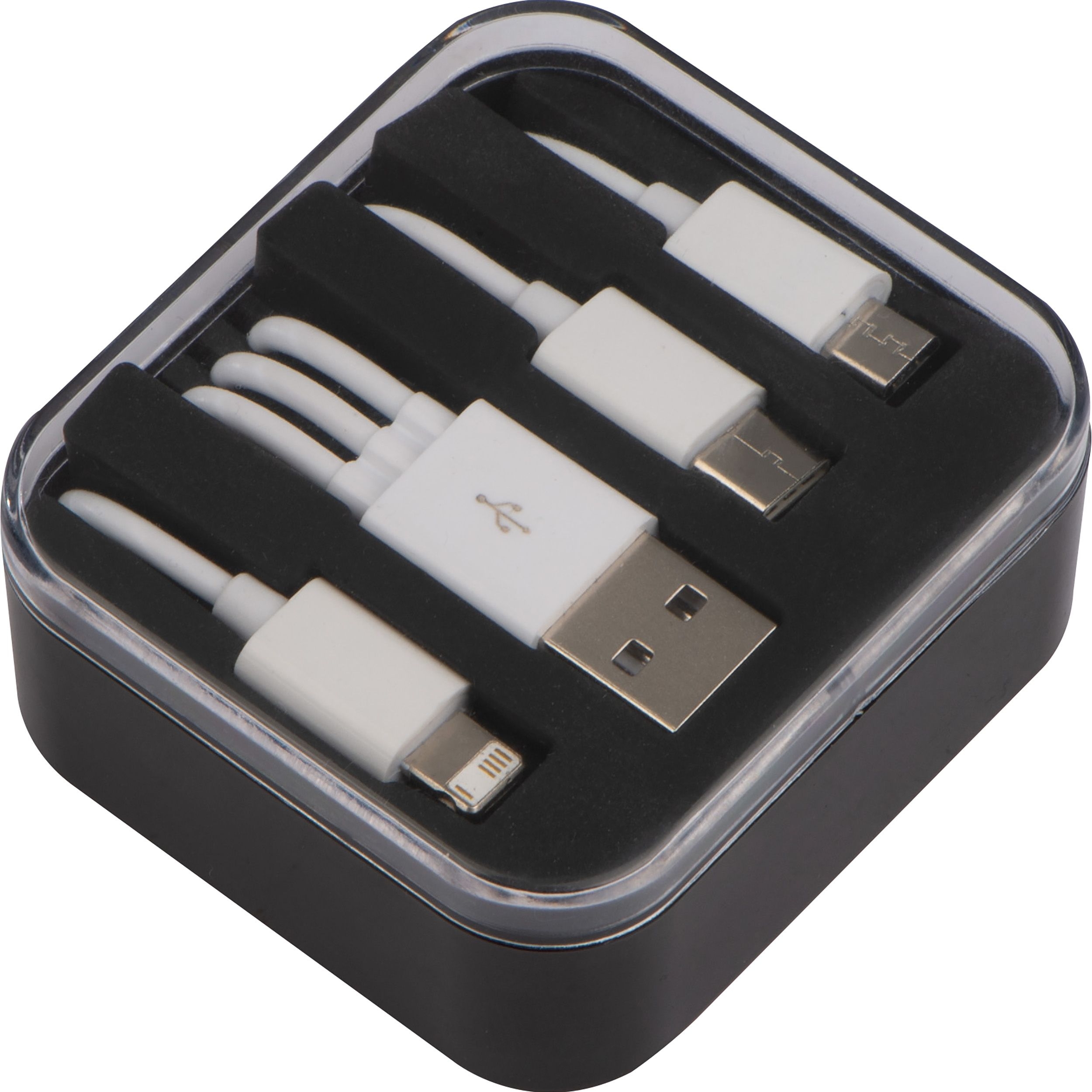 MA20784-03Kunststoffbox mit 3in1 USB Ladekabel_ schwarz