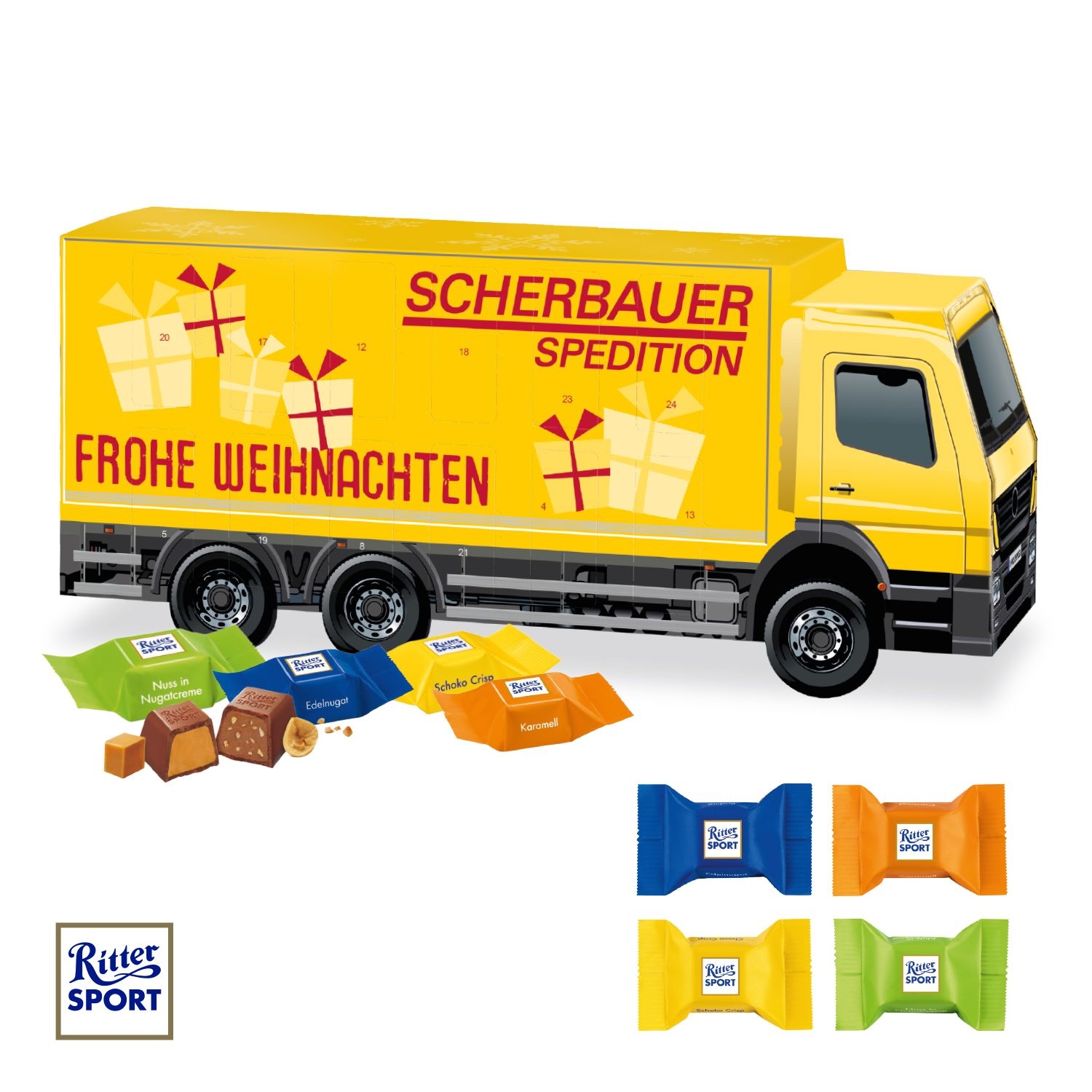 CD951523D Adventskalender LKW mit Ritter SPORT Schokowuerfel