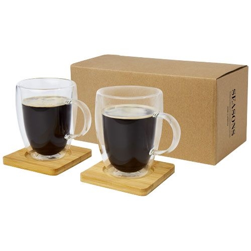 PF113316Manti 2-teiliger 350 ml doppelwandiger Glasbecher mit Bambusuntersetzer