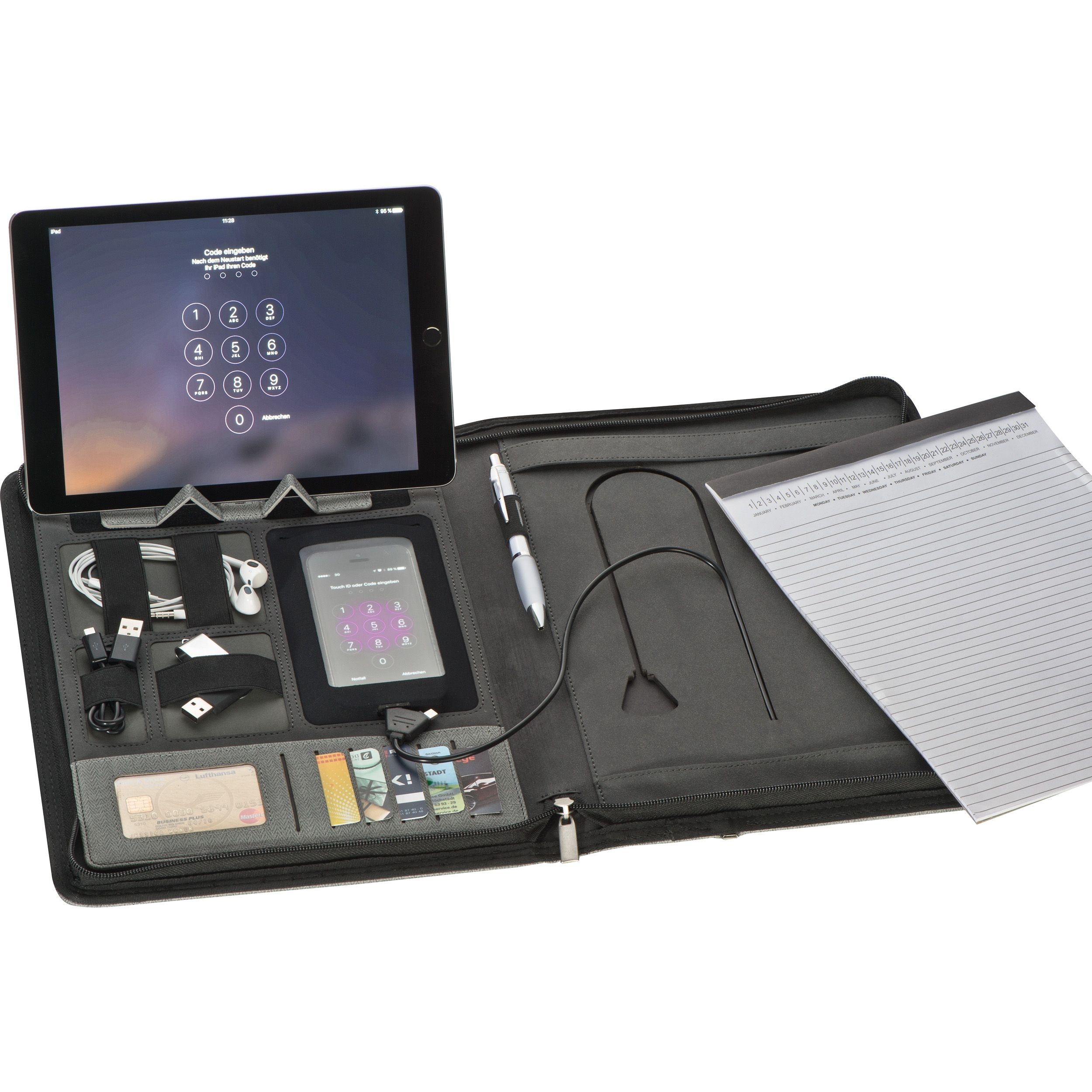 MA20123-07A4 Schreibmappe aus Kunstleder mit integrierter Powerbank_ silbergrau