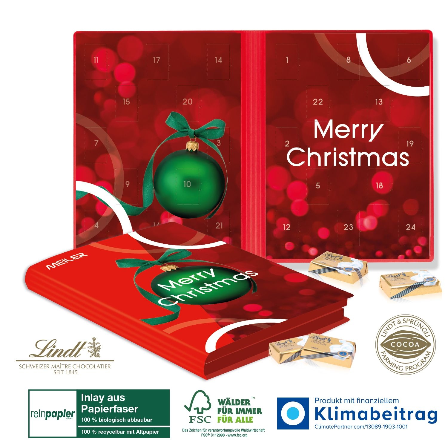 CD55369Adventskalender Weihnachtsbuch Lindt „Exklusiv“ Organic mit Lindt Schokotaefelchen