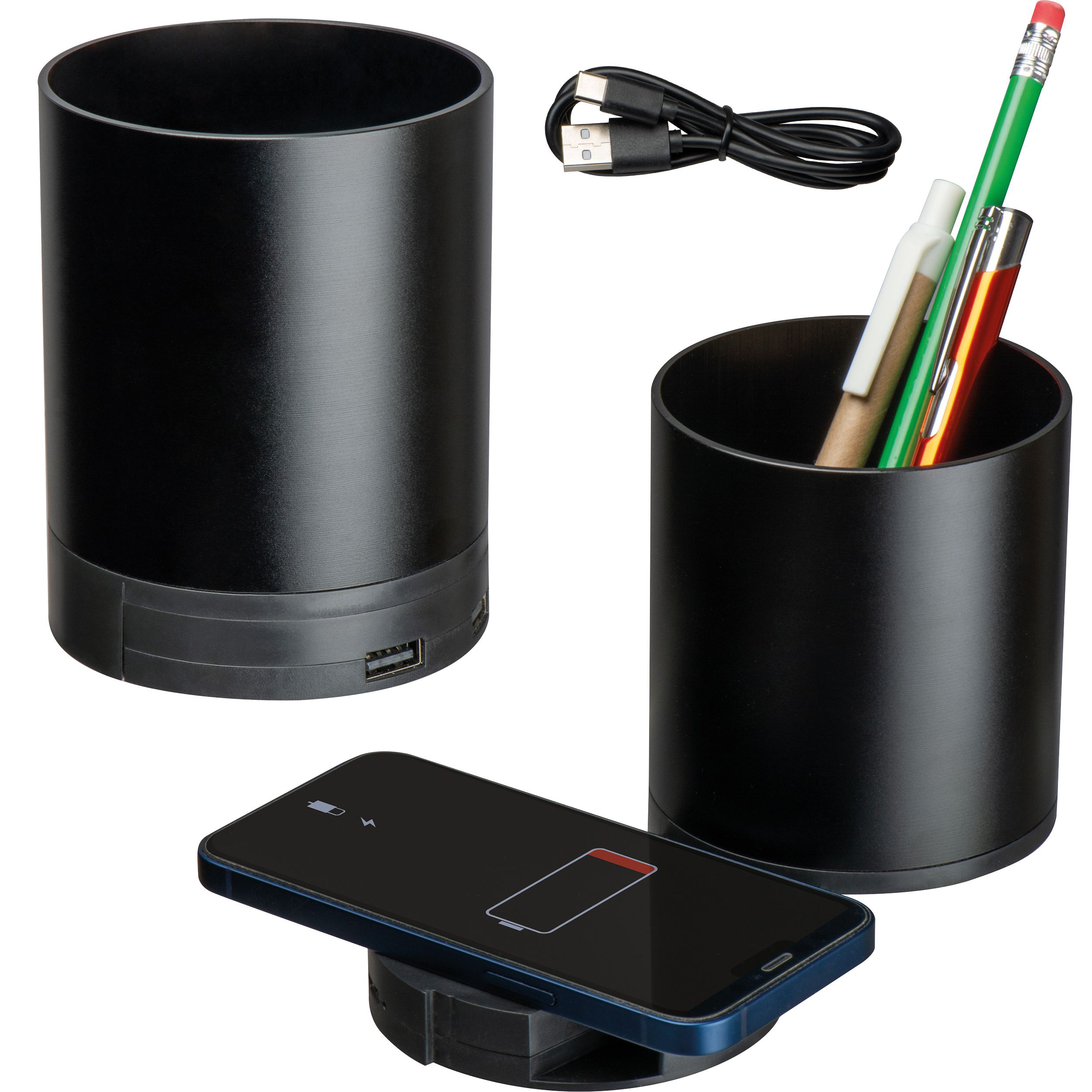 Stifteköcher mit Wireless Charging , schwarz