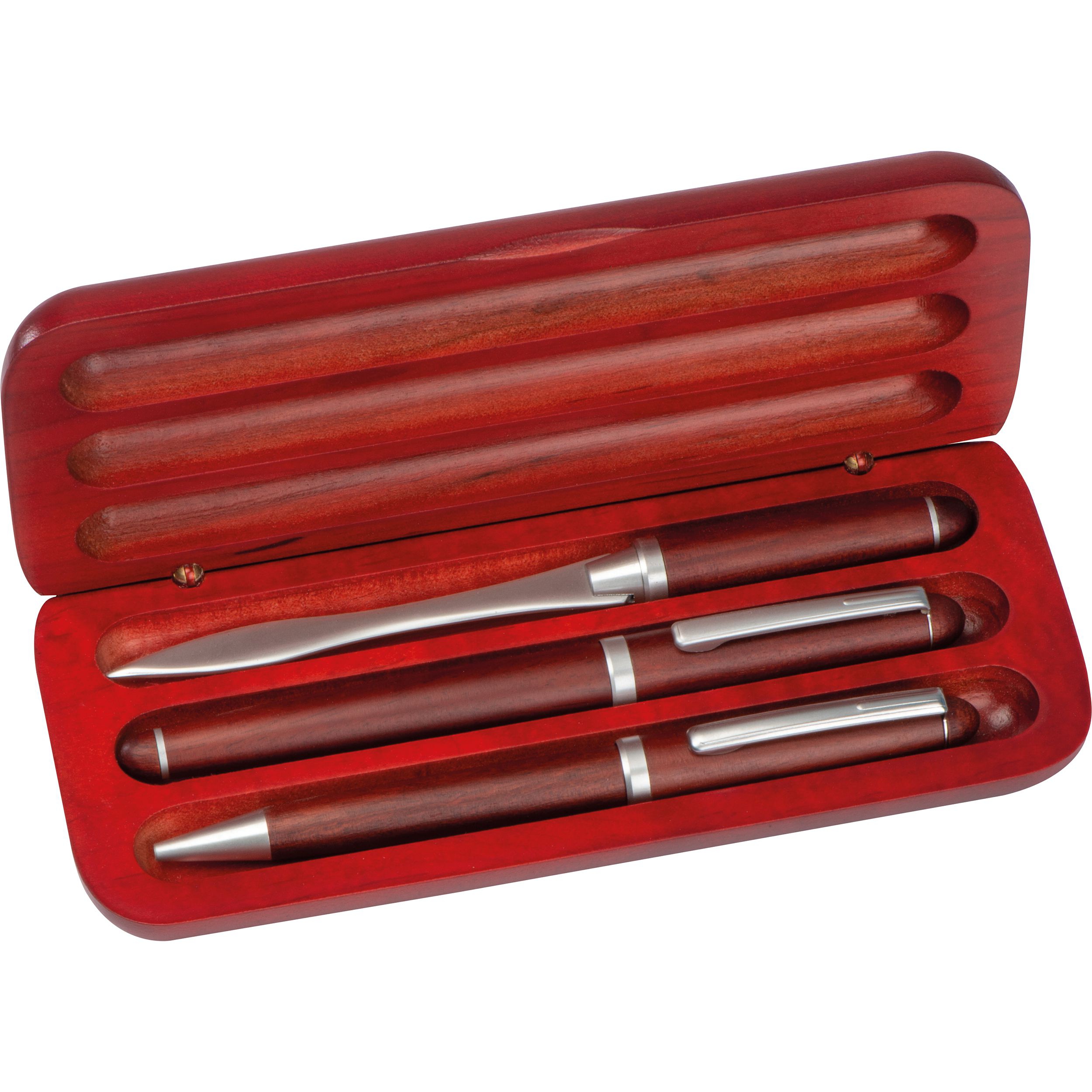 3-teiliges Holzschreibset mit Kugelschreiber, Füllfederhalter und Brieföffner, braun