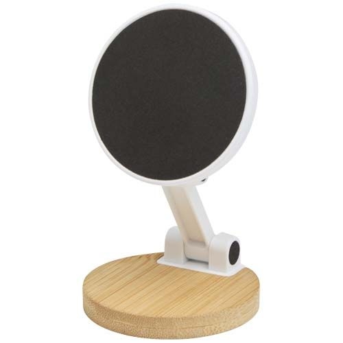 PF124463-1Alcor Klappbare magnetische Smartphonehalterung aus recyceltem Kunststoff mit Bambusdetails_ weiss