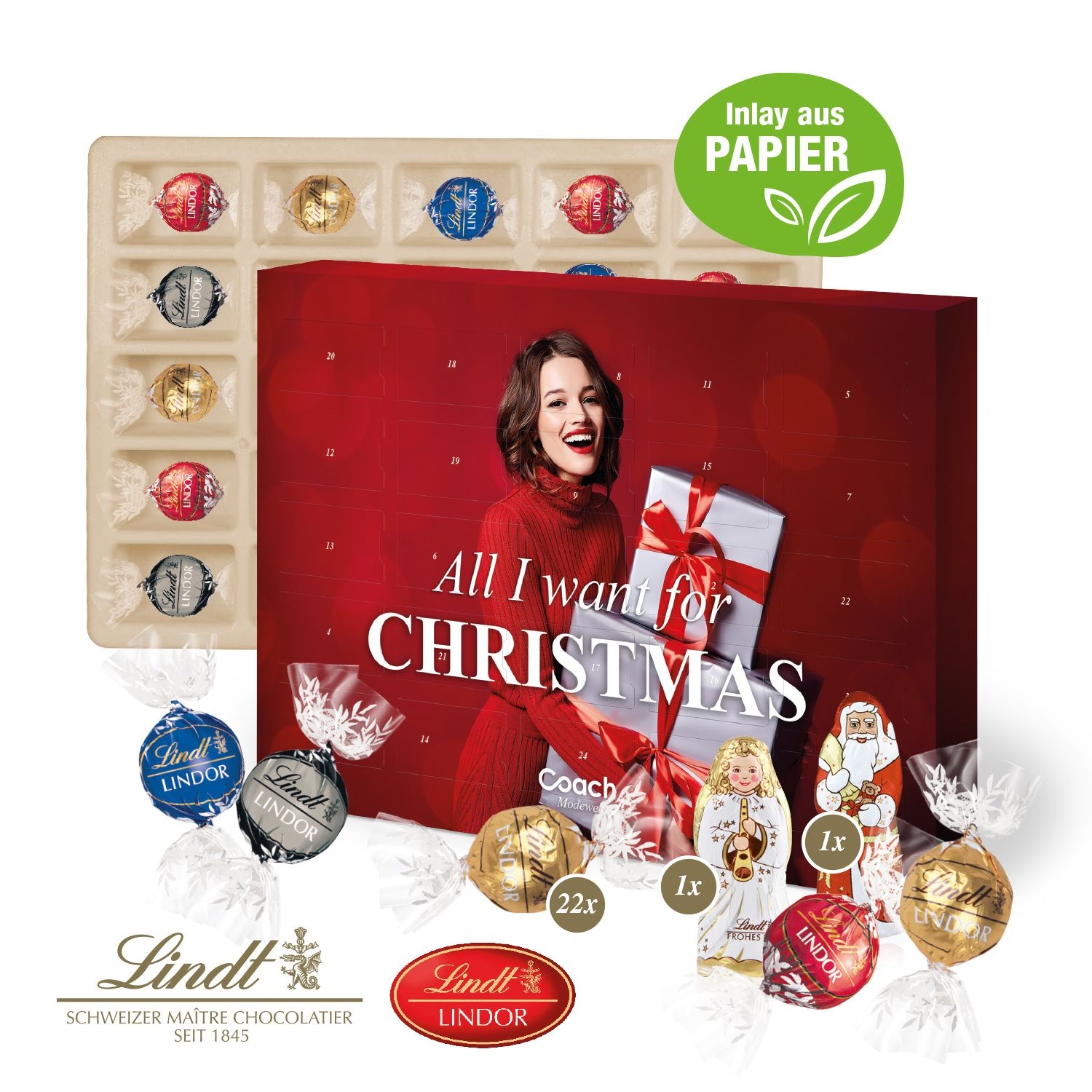 CD55403-01Adventskalender Lindt Lindor mit Santa _ Engel_ Inlay aus Papier_ Motiv-Vorlage