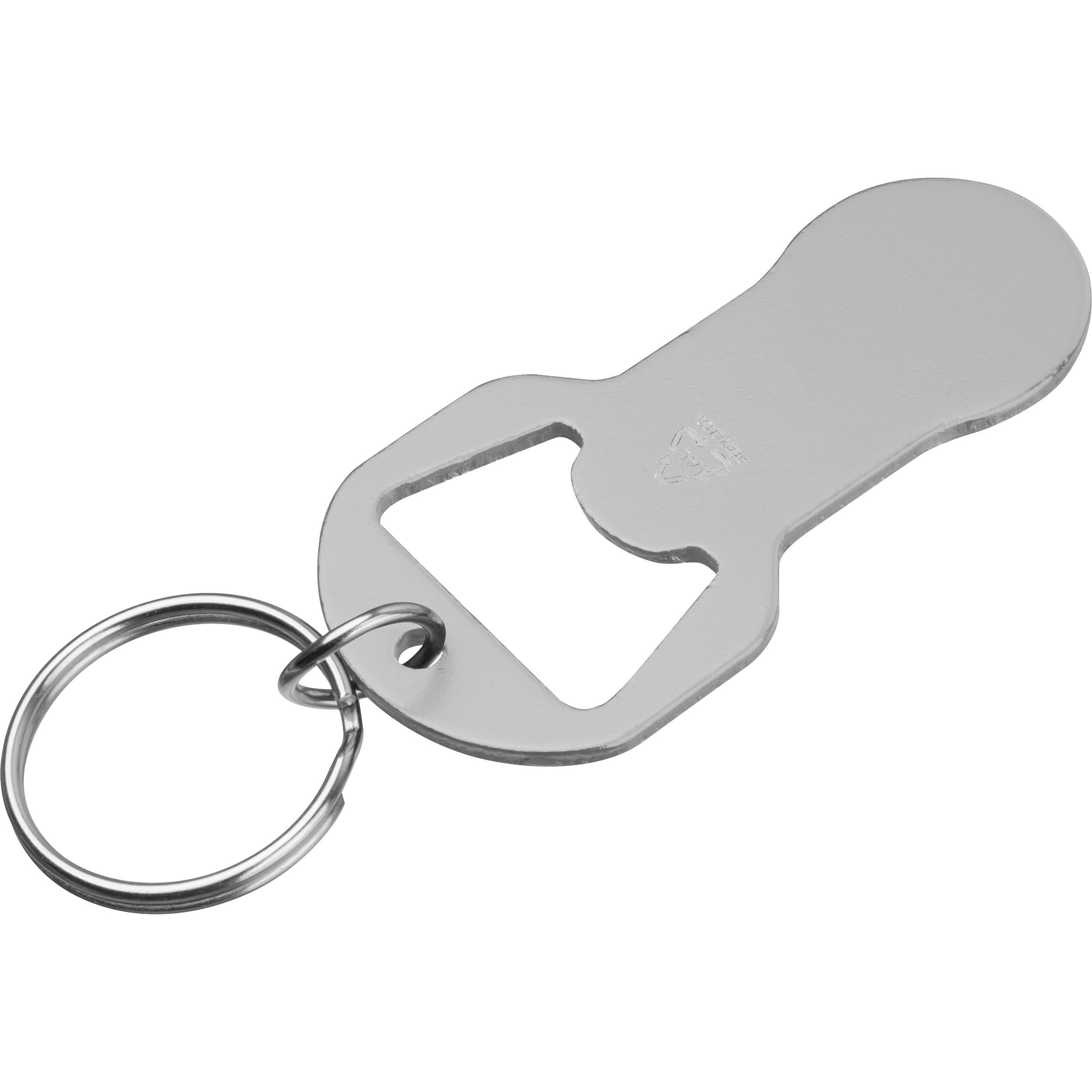 MA95445-07Recycelter Alu Schluesselanhaenger mit Einkaufswagenloeser und Flaschenoeffner OLIVER _ silbergrau
