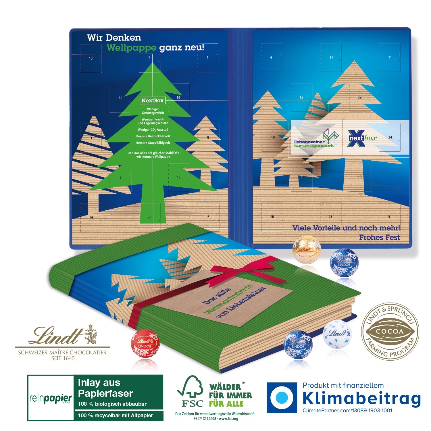 CD55368Adventskalender Weihnachtsbuch Lindt „Exklusiv“ Organic mit Lindt Minis
