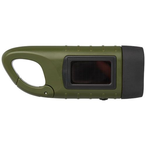 PF104575-1Helios Solar-Dynamo-Taschenlampe aus recyceltem Kunststoff mit Karabinerhaken_ armeegruen