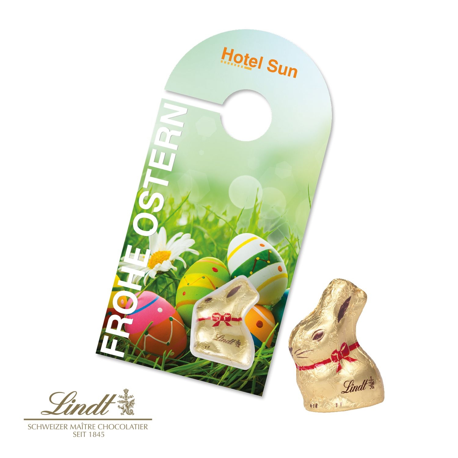 CD94564-01Schokokarte _Tueranhaenger_ mit Lindt Goldhase_ Lindt Goldhase