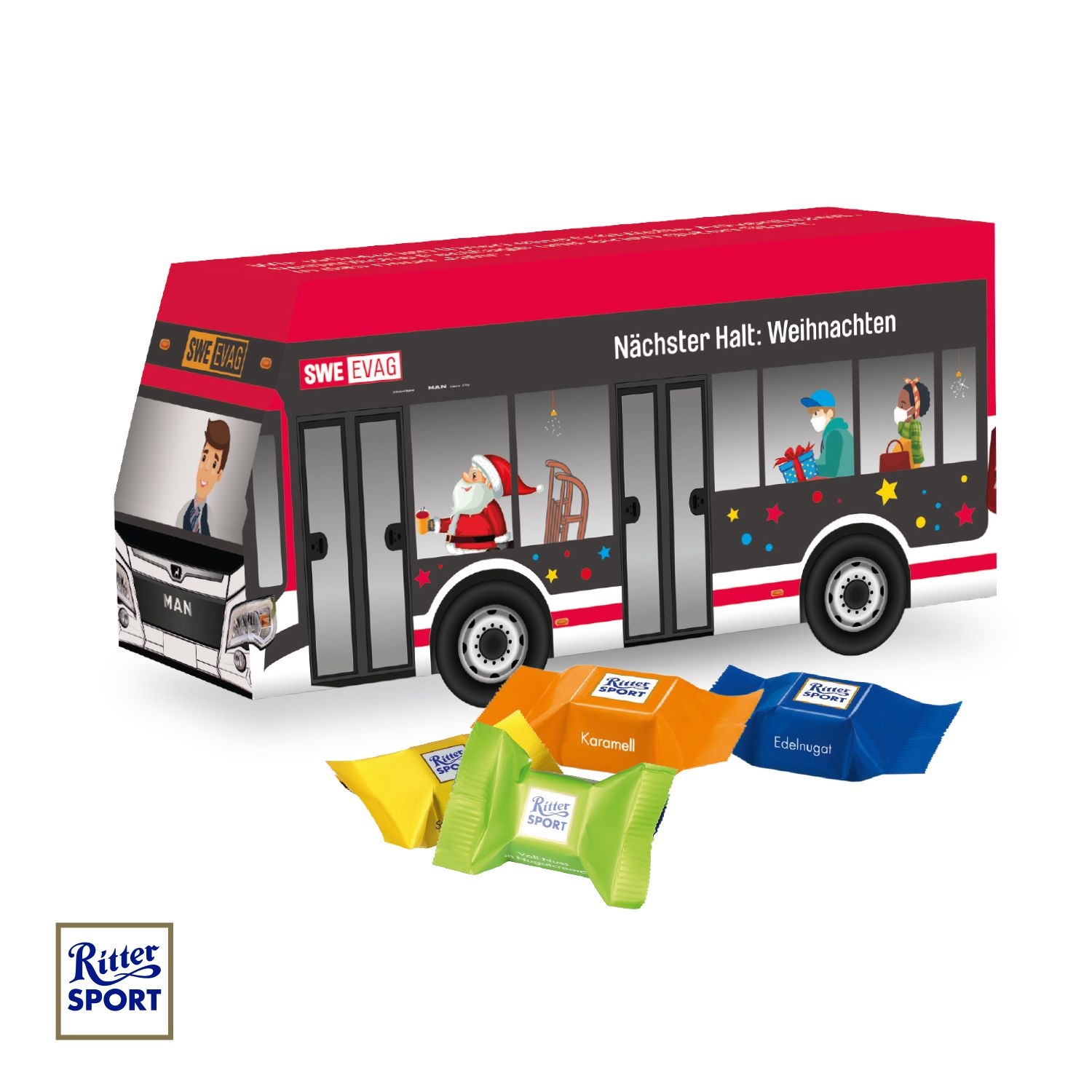 CD916963D Praesent Bus mit Ritter SPORT Schokowuerfel