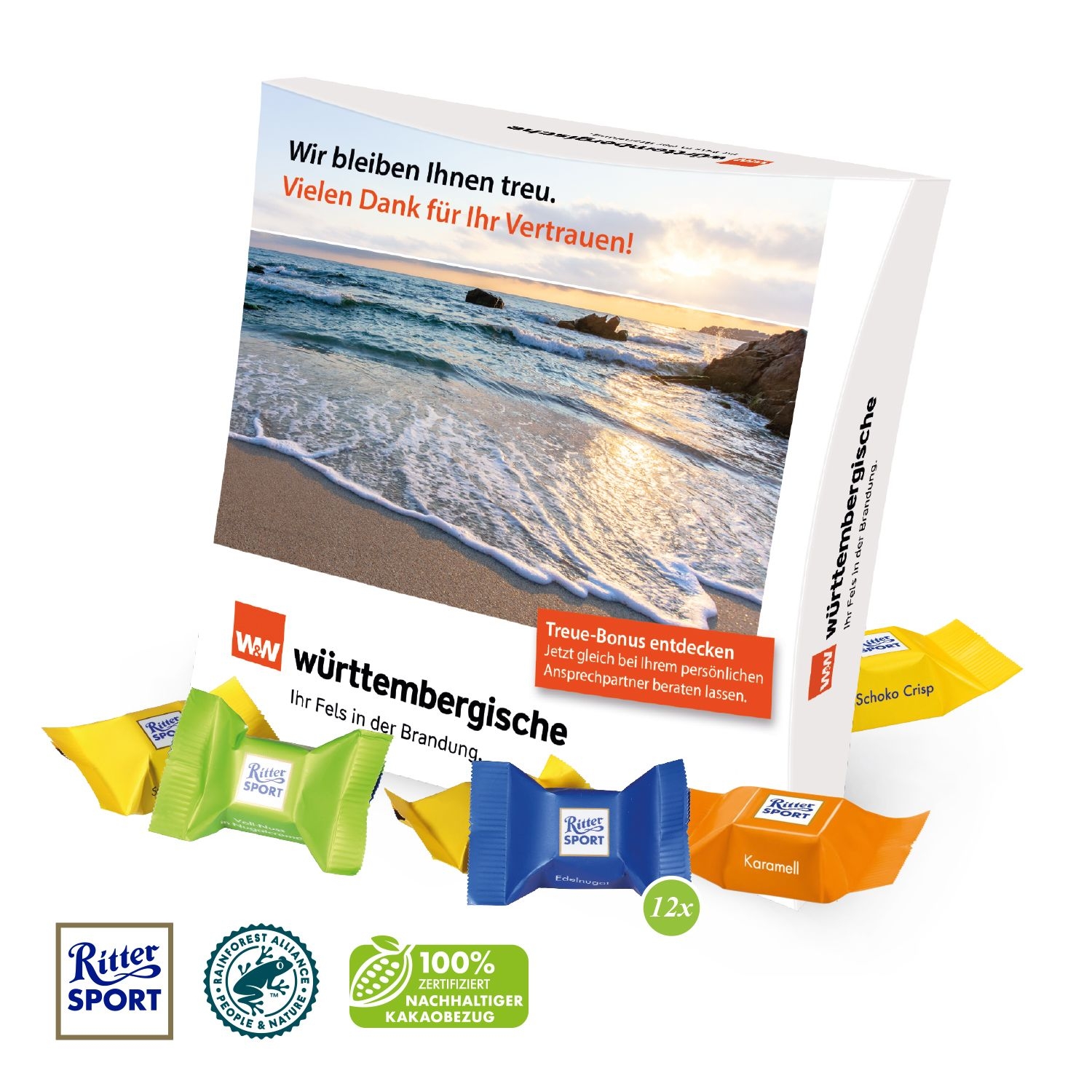 CD91607Praesentbox mit Ritter SPORT Schokowuerfel